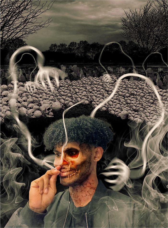 Surreal photo manipulation of a figure with skeletal face features, wreathed in smoke, set against a field of skulls