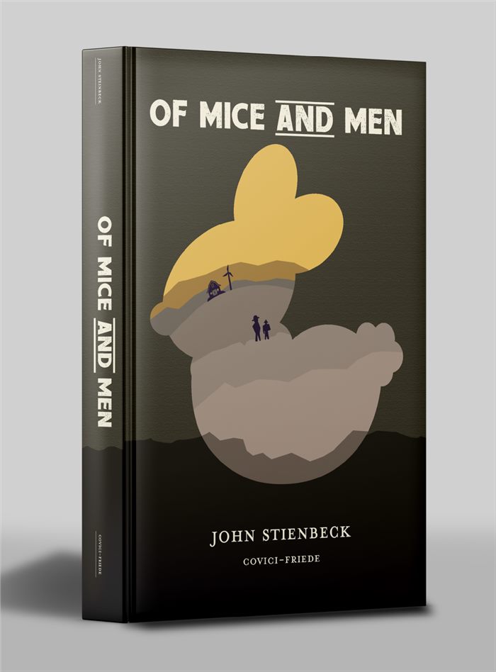Book cover design for Of Mice and Men by John Steinbeck, featuring a layered landscape illustration