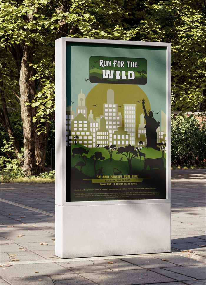 Run for the Wild 5K event poster displayed on a street billboard, showing a papercut city skyline with zoo animals