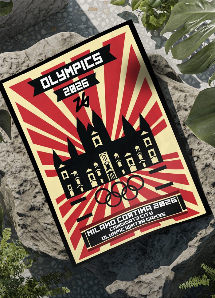 Milano Cortina 2026 Olympic bid poster in red and cream constructivist style, featuring a cathedral silhouette and the Olympic rings